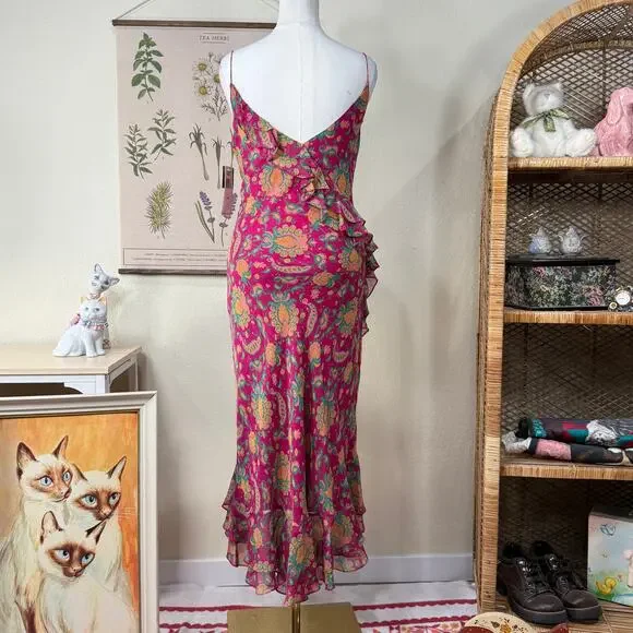 90s Y2k Lauren Ralph LRL Silk Ruffle Dress NWT Fairy Boho Whimsy Hippie L 12 - Picture 4 of 8
